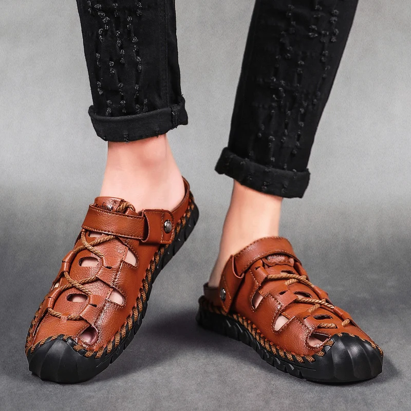 2020 Мужская обувь Летние повседневные сандалии на плоской подошве кожаные