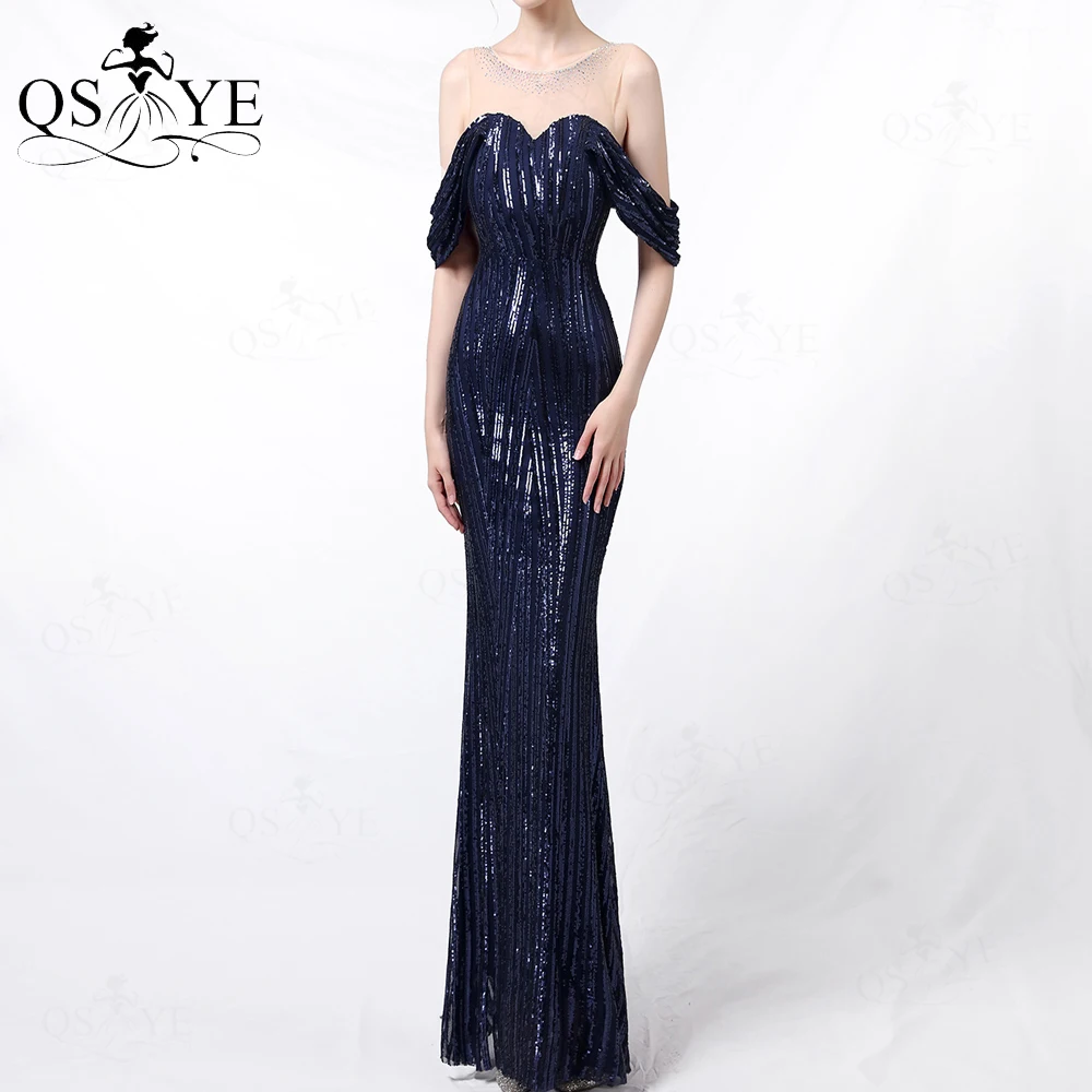 

Vertical Stripes Navy Sequin Evening Dress Mermaid Long Party Dress Side Sleeves Nude Neckline Hot Drilling Fit Prom Gown Vesti