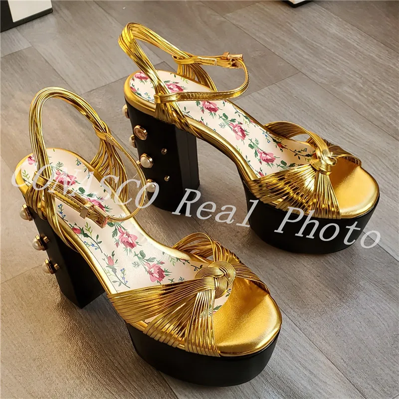 

CONASCO 2021 Summer Super High Heels Women Sandals Pearl Decoration Print Buckle Female Shoes Fashion Party Dancing Shoes Woman