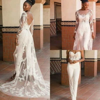 long sleeve bohoace applique wedding jumpsuit with wrap train 2021 african nigerian plus size bride garden holiday wedding