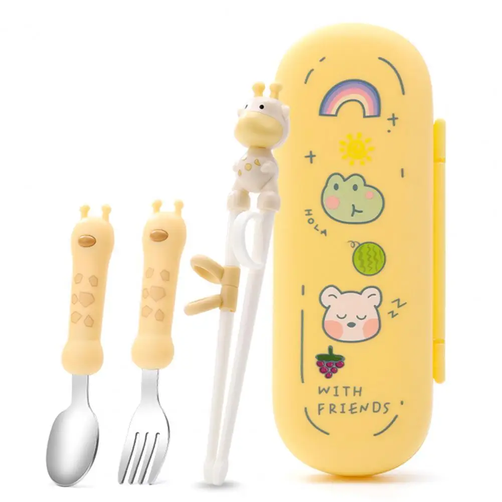 

4Pcs/Set Children Tableware Cartoon Deer Anti-scald Stainless Steel Spoon Fork Chopsticks Set for Toddler cosas de bebe utensils
