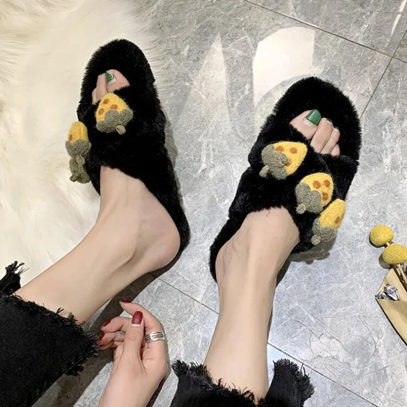 

Faux Suede Home Women Full Fur Slippers Winter Warm Plush Bedroom Non-Slip Couples Shoes Indoor Ladies Furry Slippers