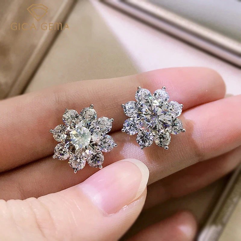 

GICA 100% 925 Sterling Silver High Carbon Diamond Flower Stud Earrings For Women Sparkling Wedding Fine Jewerly Wholesale Gift