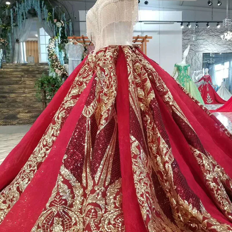 LS11100 Роскошные красные и золотые женские платья с круглым вырезом блестящие