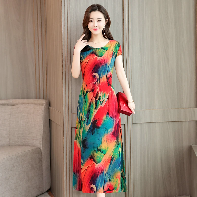 

Women Dress Vintage Floral Print Short Sleeve Casual Party Dresses Robe Femme Summer Dresses O-neck Straight Natural Mid-calf