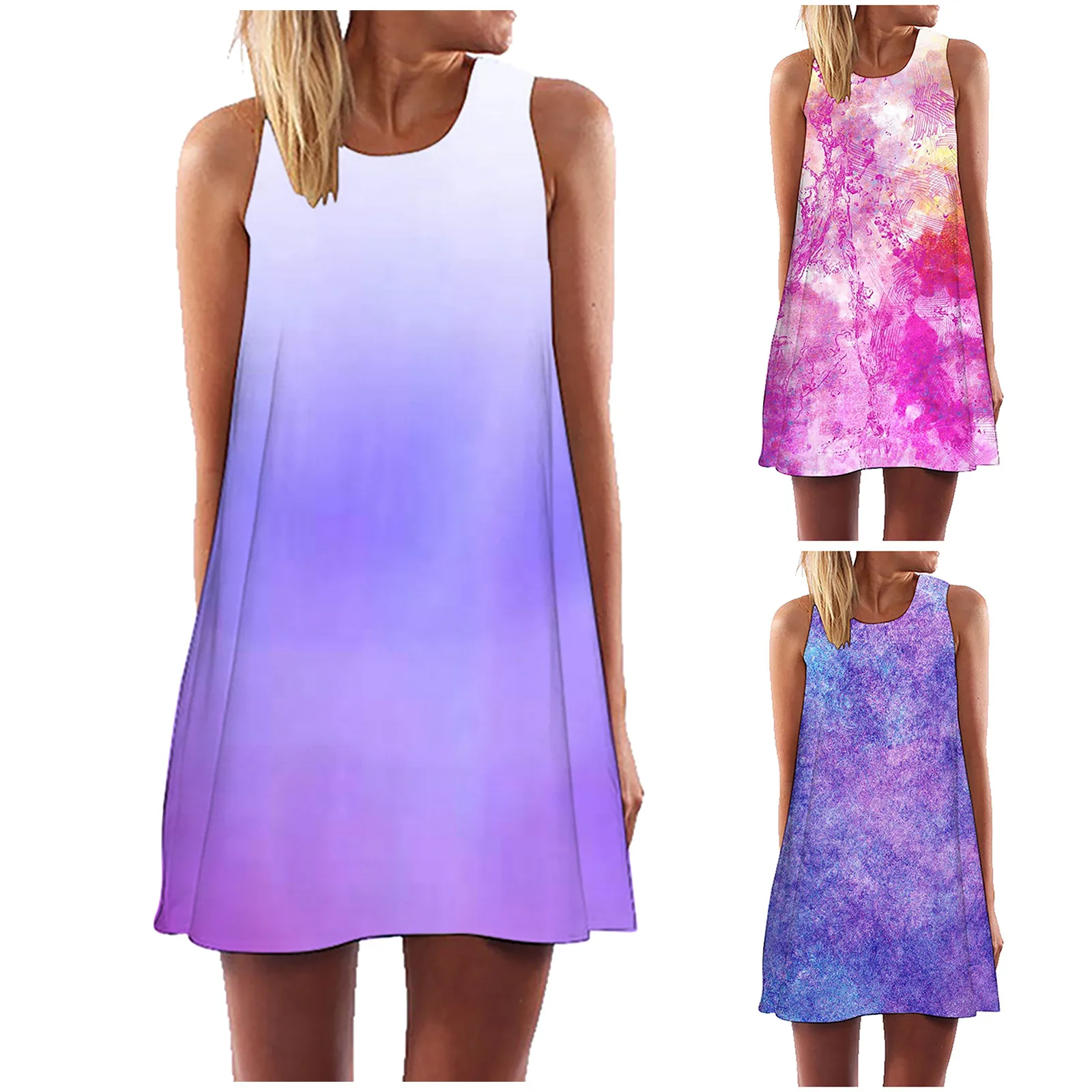 

40# Women Gradual Print A-line Dress Casual Loose Tank Dress O Neck Sleeveless Summer Beach Dresses For Women 2021 Vestidos