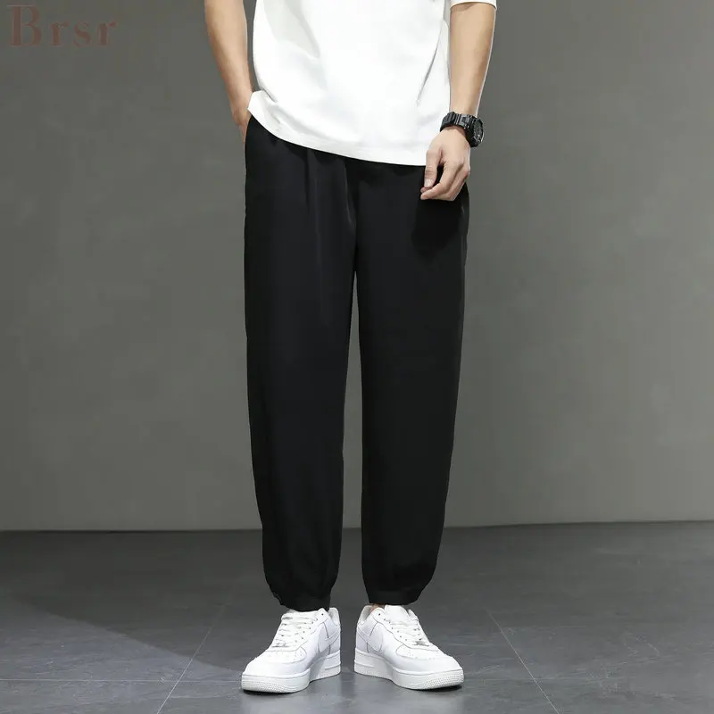 

Summer New Thin Casual Pants Men's Ice Silk Loose Nine Point Bunched Wide Leg Fashion Simple Solid Color Joggers Pantalon Hombre