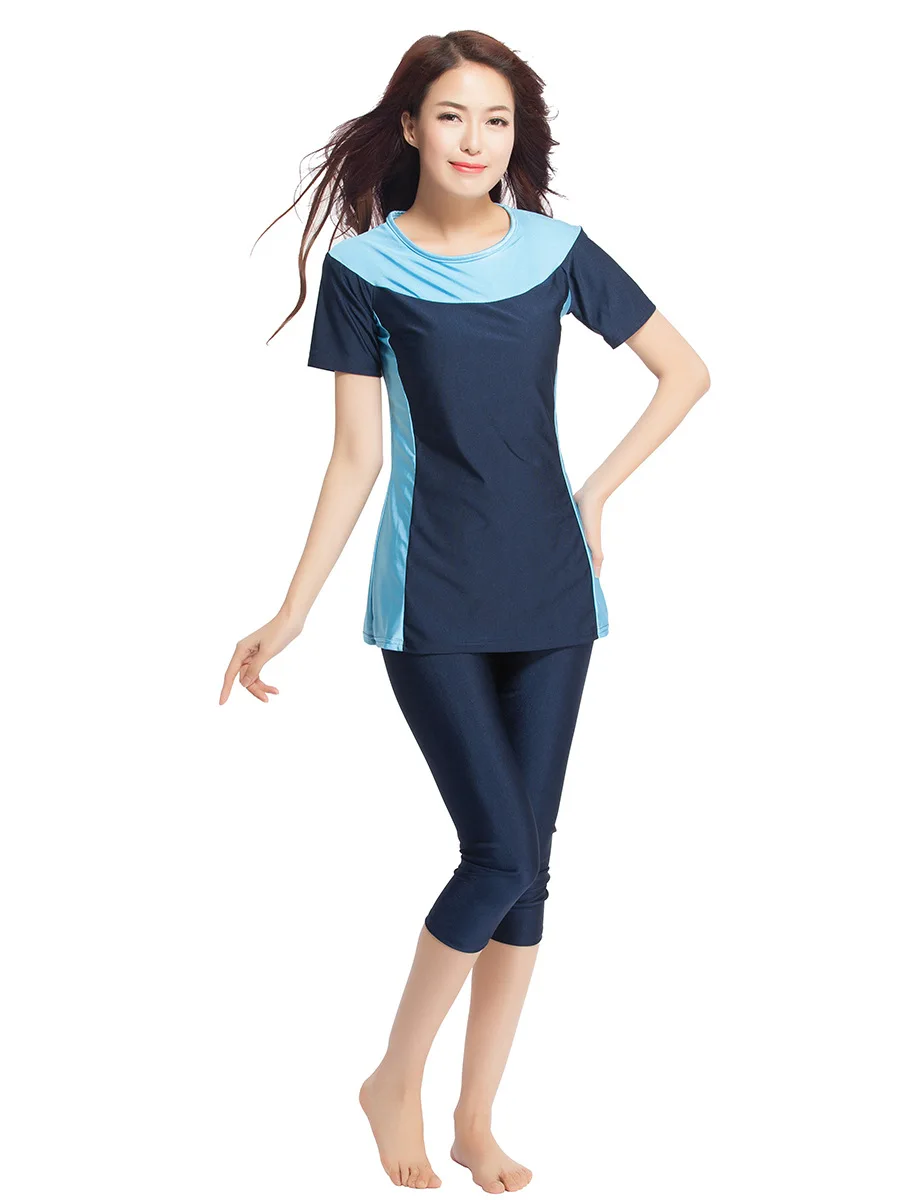 

Women Swimwear Muslim Two-Piece Suits Short Sleeve Splice Modest Swimming Wear Sets Islamic Swimsuits Traditional Sport Burkinis