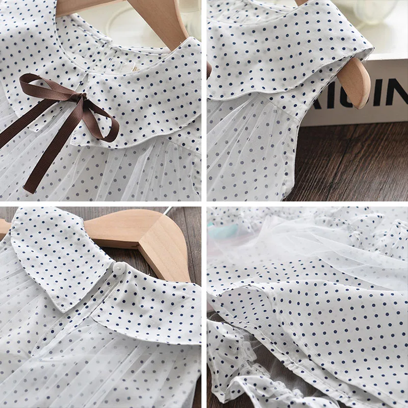 

Baby Girls Dress New Summer Style Boutique Kids Dress Peter Pan Collar Mesh Ruffles Sleeveless Dot Print Pattern Baby Dress