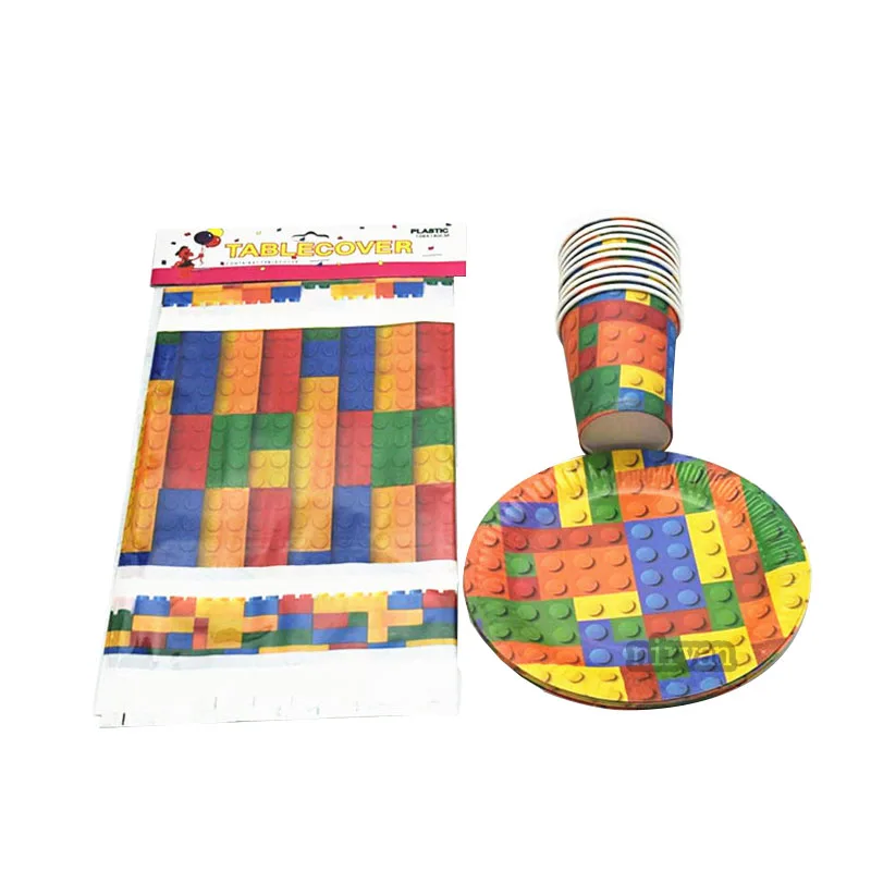 Мультфильм coclorful блоки лего одноразовые столовые приборы чашка тарелка скатерть