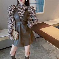 two piece suit with leather straps dress puffy sleeves high neck plaid undershirt fashion trend korean style women dress ins