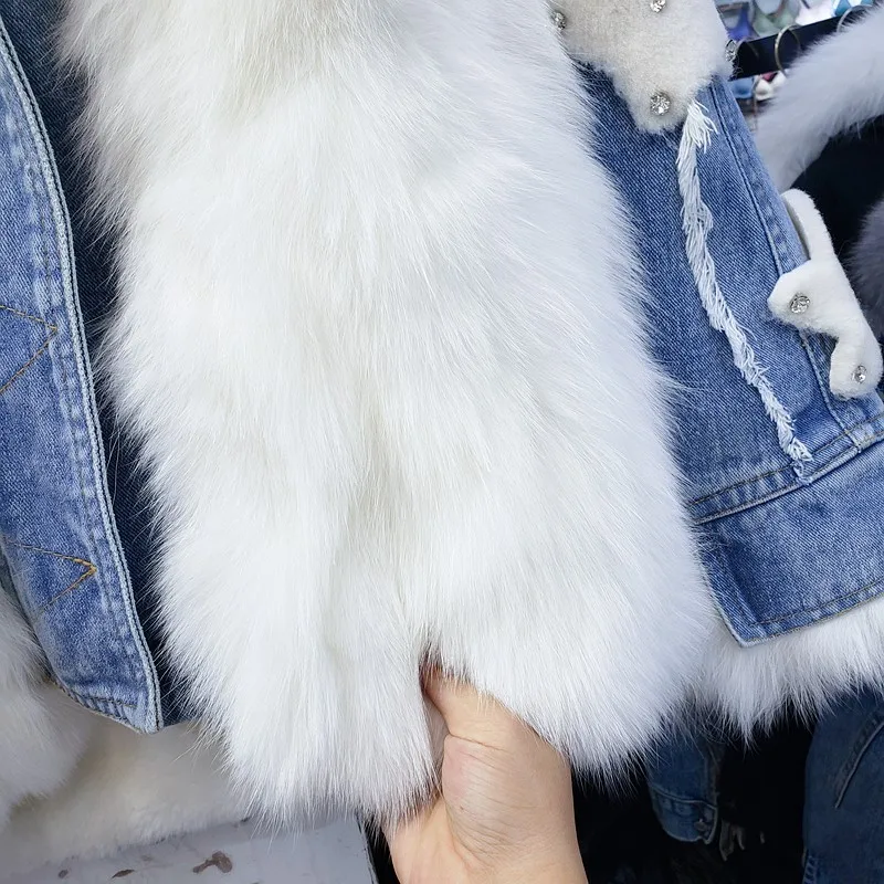 

Women Denim Cotton Coats Winter Preppy Style Beading Fox Fur Collar Fleece Blends Thick Jacket Street Casual Warm Lady Parkas