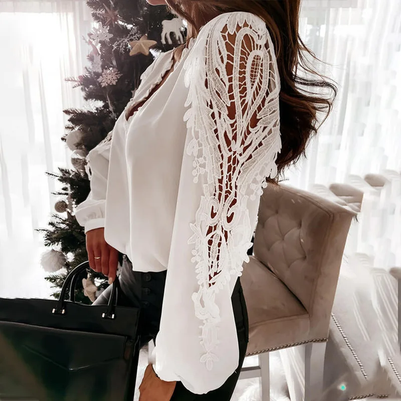 

Lace Hollow Out Long Sleeve Women's Blouse Patchwork Sexy V-neck White Female Blouses 2021 Summer Elegant Fashion New Lady Tops