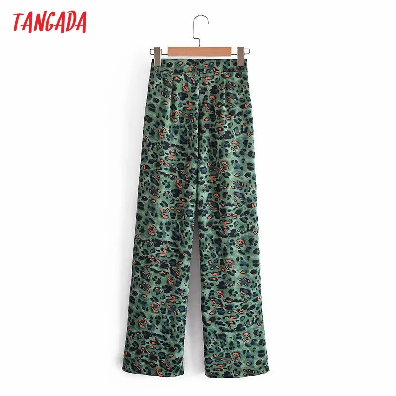 

Tangada Women Green Leopard Print Wide Leg Long Pants Trousers Vintage Style Lady Pants Pantalon 2G01