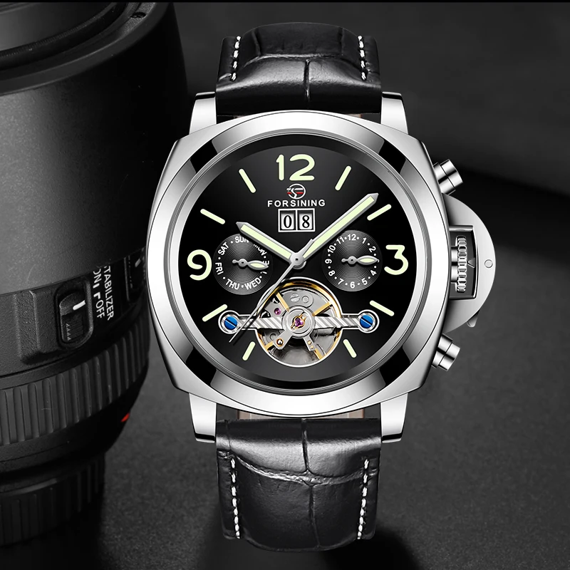 High Quality FORSINING Men Automatic Mechanical Watch Leather Strap Week Date Display Luminous Hands Wristwatches | Наручные часы