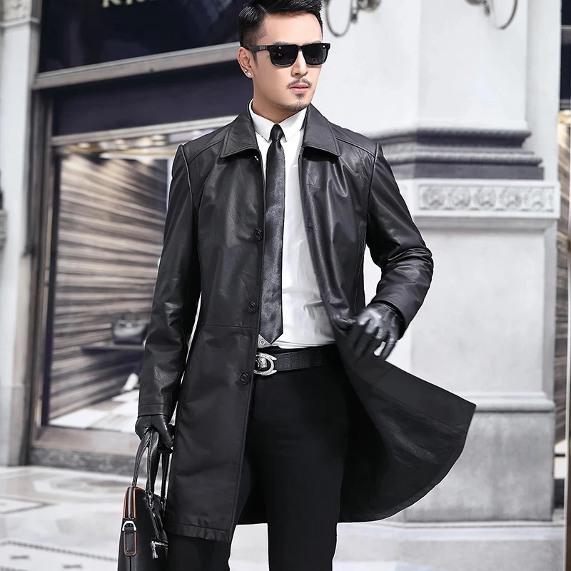 

New Genuine Leather Coats Men's Cowskin Trench Dust Coat Lapels Jacket Male Business Casual Cowhide Coat Leather Trench 5XL