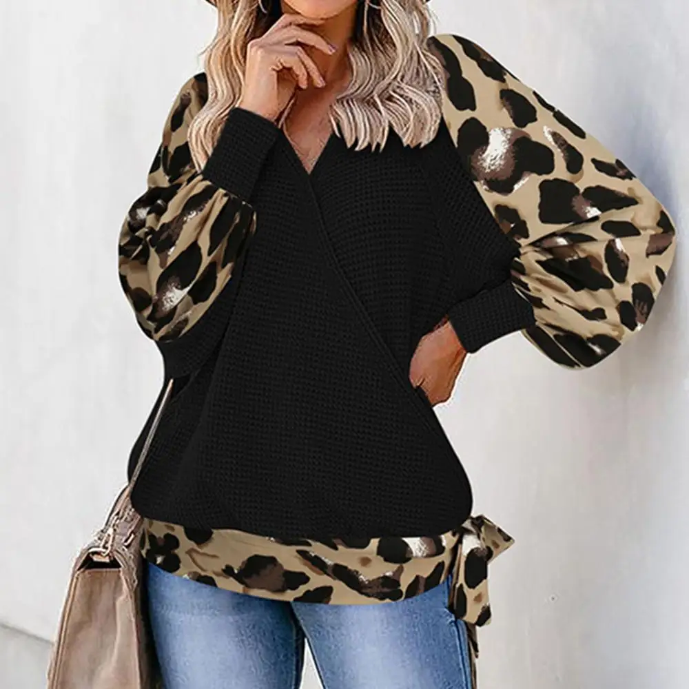 

SANWOOD Autumn Winter New Women Fashion V Neck Leopard Patchwork Long Puff Sleeve Blouse Knitwear Pullover Loose Casual