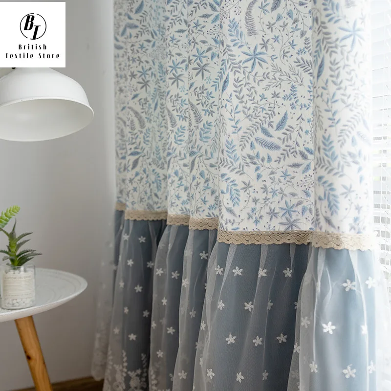 

2022 Curtains for Living Dining Room Bedroom Blue Japanese Fresh Small Floral Cotton Linen Children's Room Curtain Bay Window
