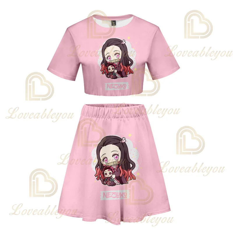 

Kamado Nezuko Cosplay Skirt Girls Set Women Summer Crop Top Shorts Sport Suits Two Piece Sets Clothing