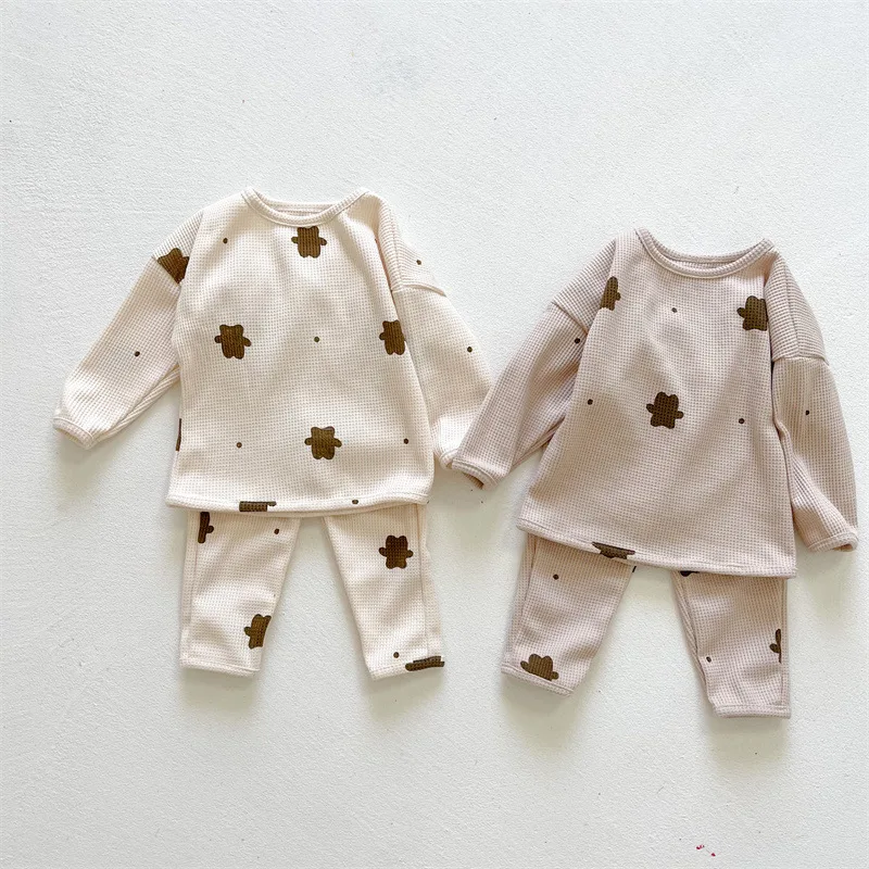 Baby Cartoon Bear Print Clothing Sets Autumn Winter Long Sleeve Sweatshirt Set Toddler Girls Harem Pants Suit Waffle Cotton