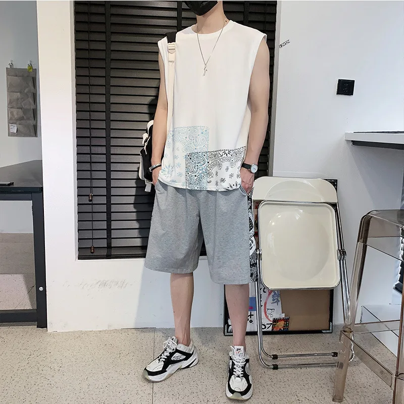 

Мужская одежда 2021, летний повседневный костюм с жилетом, мужской свободный трендовый костюм из двух предметов, Ins, Гонконгский стиль, Молоде...