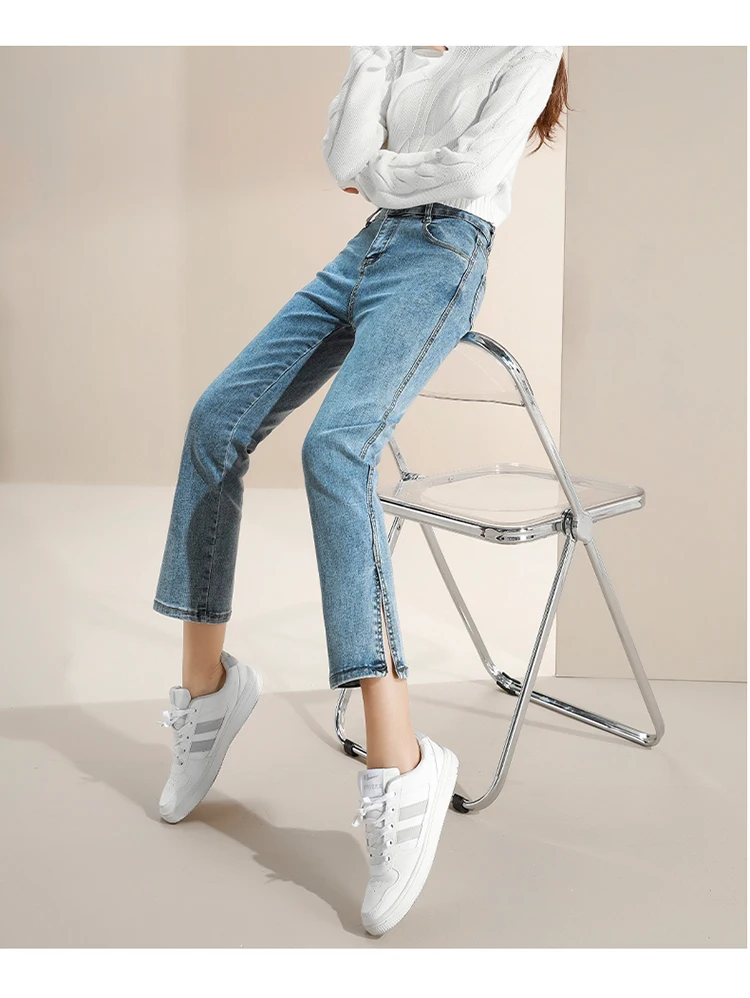 Jeans women 2023 spring new straight jeans high waist small man nine points thin and high loose split pipe pants