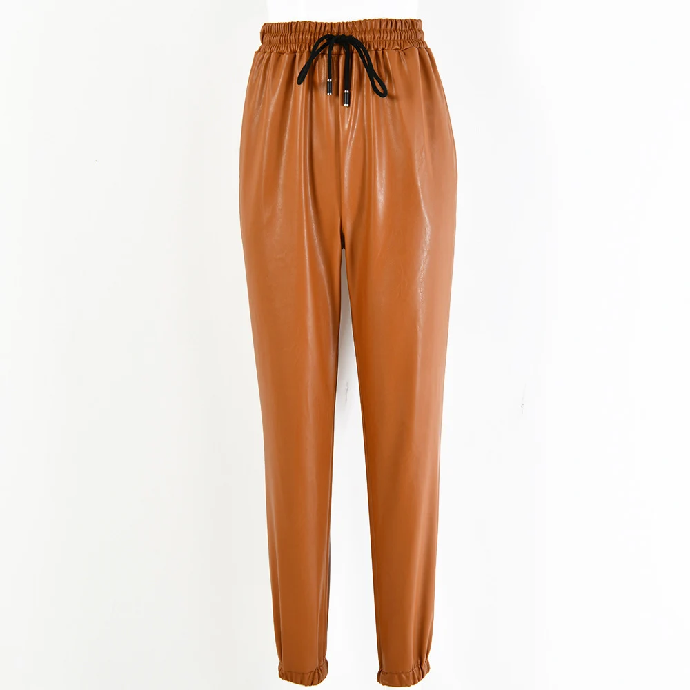 Новинка повседневные женские брюки с высокой талией из искусственной кожи