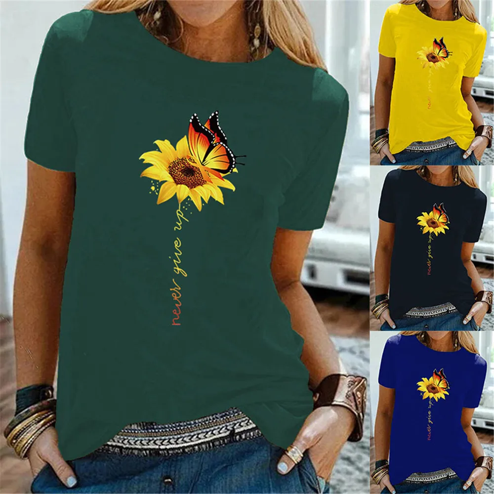 

Never Give Up Butterfly Flower Print Tshirt Women Short Sleeve S-5xl Plus Size Summer Tshirt Femme Graphic Tee Top Women Clothes