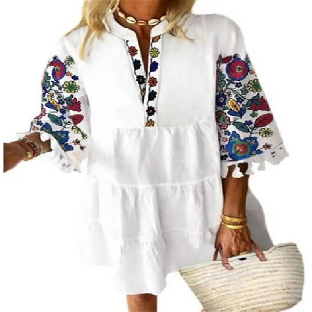 

Women Vintage White Print Hollow Out Summer Dress Short Sleeve Loose V NecK Party Mini V-neck Dress Lady Dress Beach Plus Size