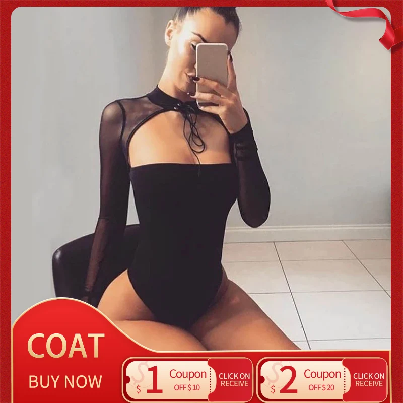 

Женский комбинезон gazzest, однотонный черный комбинезон с длинными рукавами и сетчатыми кружевами из хлопка, с высоким воротником, для отдыха