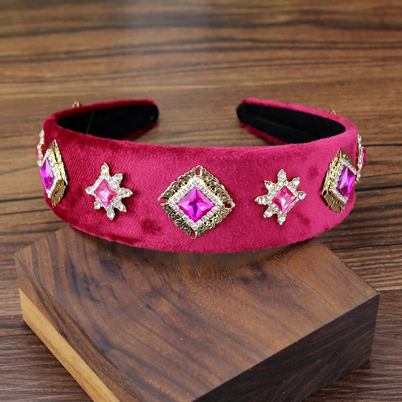 hot pink Широкая винтажная Роскошная розовая кристальная тиара в стиле барокко, королевская повязка на голову, блестящие стразы, повязка для волос для женщин, свадебные аксессуары для волос - Окраска металла: hot pink