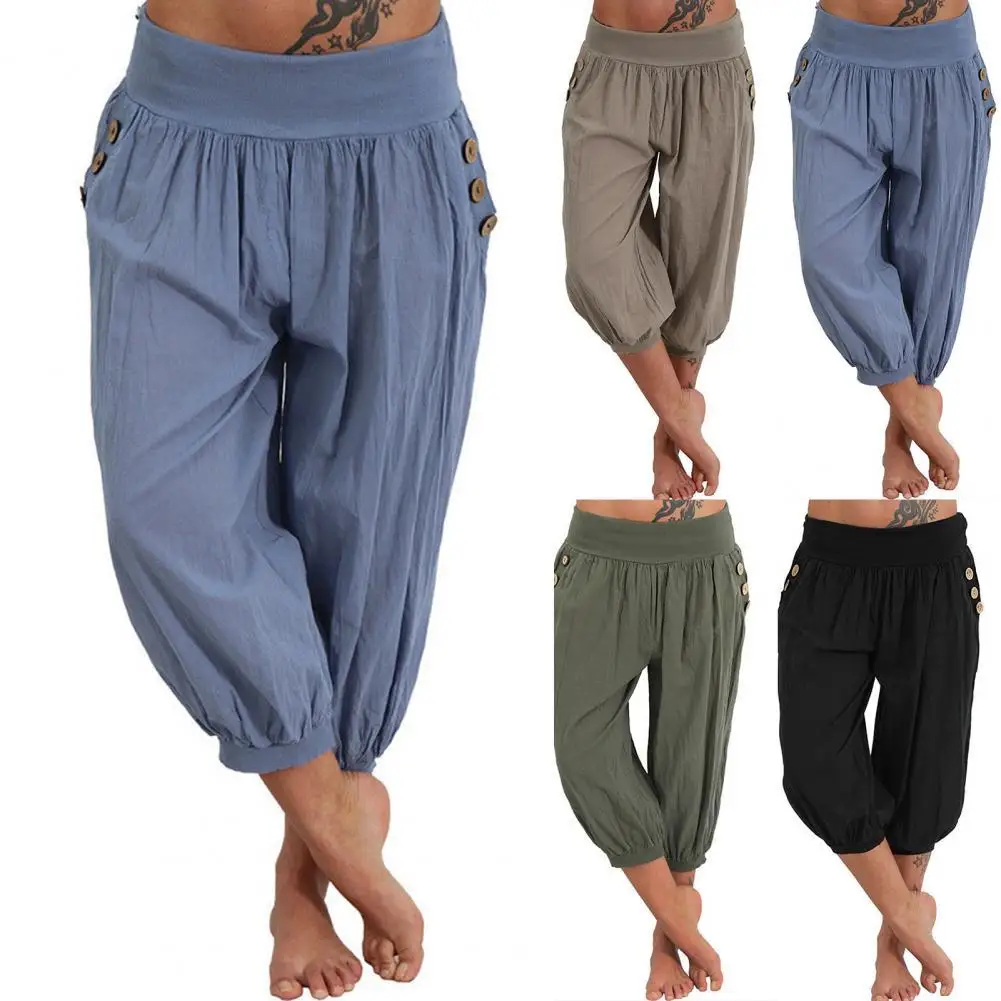 

Simple Loose Women Solid Color Bloomers Bottoms Capri Pants Pockets for Vacation
