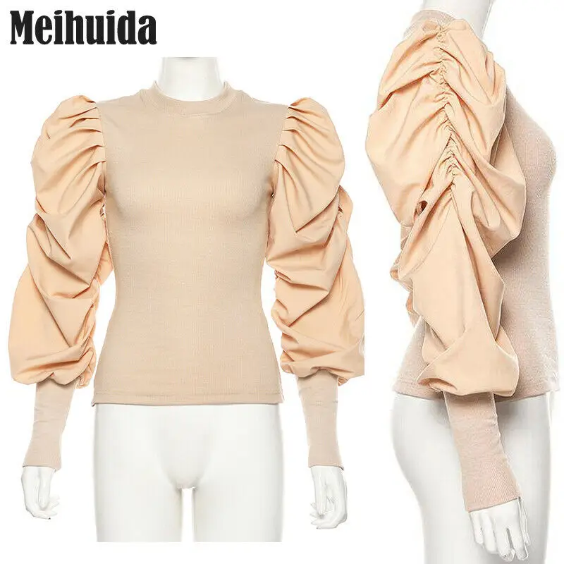 Модные женские туфли с буффами на рукавах вязаный Топ в стиле пэчворк круглым