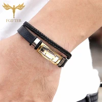 high quality stainless steel charm anchor stackable layered bracelet braided black leather bracelet for man mens hand jewelry