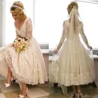 Кружевное свадебное платье 2021 1950s с V-образным вырезом, Короткое свадебное платье до колен в стиле кантри с иллюзией, свадебные платья с рукавами 34