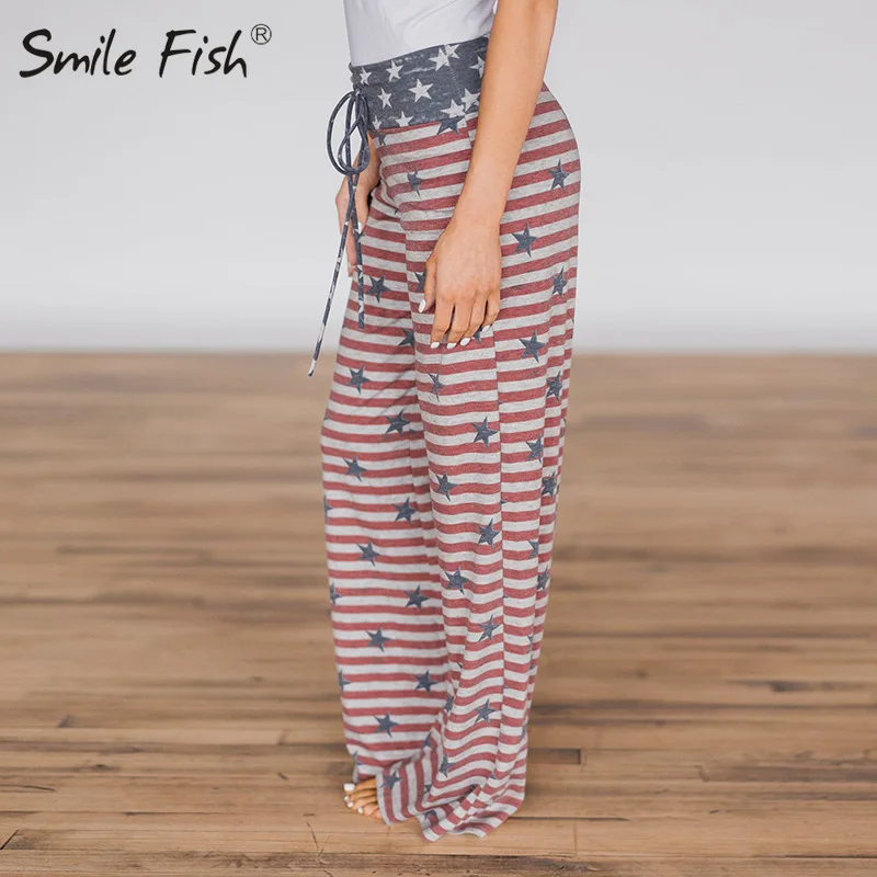 Широкие брюки на шнуровке с принтом американского флага модные женские