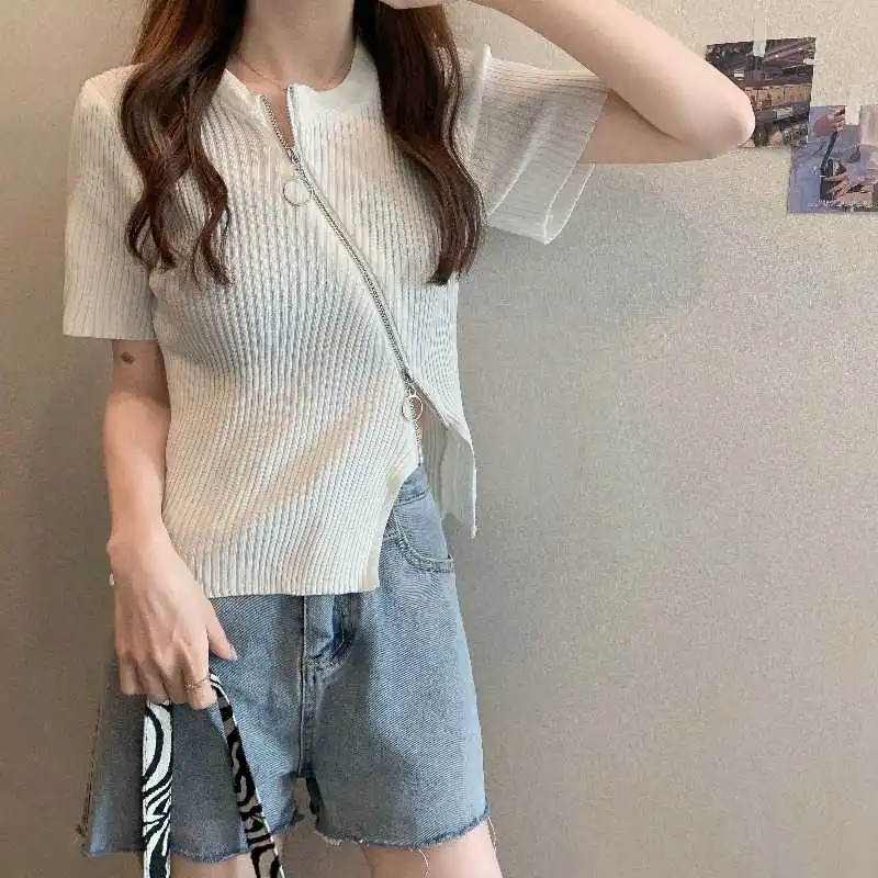 

Design Sense Niche Irregular Double-Headed Oblique Zipper Ice Silk Sweater Top High Waist Short Sleeve T-shirt Women's Summer