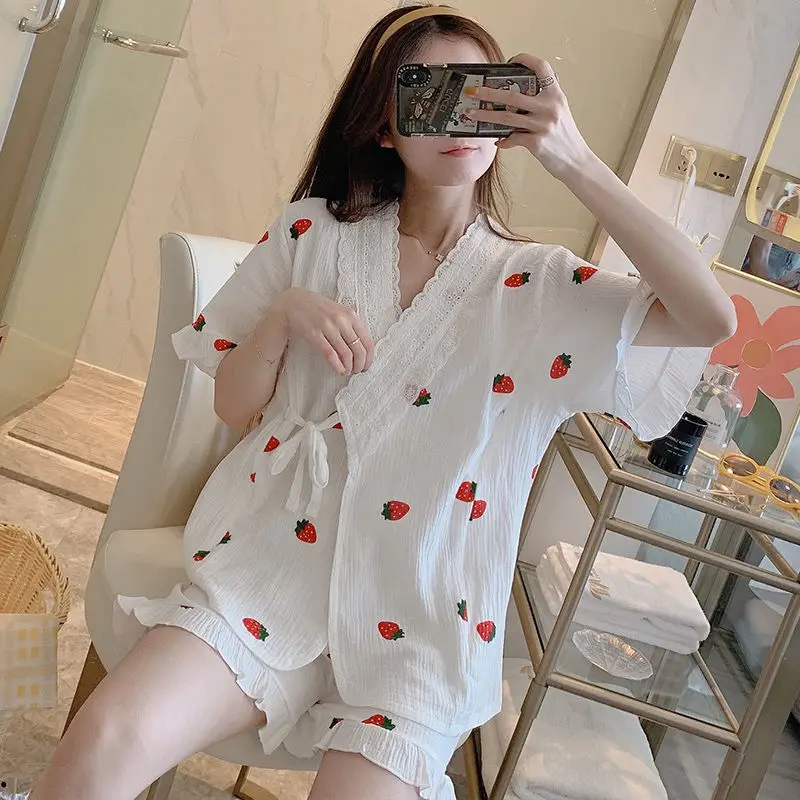 Spring and Summer Ladies Pajamas 2021 New Japanese Short-sleeved Cotton Gauze Thin Section Kimono Home Wear Set