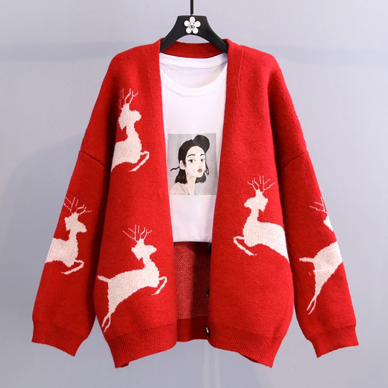 

Spring Autumn New Knitted Women's Cardigan Jacket 2020 Fashion Cartoon Print V Neck Women's Sweater Coat Loose Knitwear Top