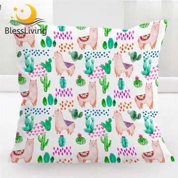 BlessLiving Llama Cushion Cover Alpaca Pillow Case Cactus Watercolor Decorative Throw Pillow Cover Cute Animal Funda Cojin 45cm 1