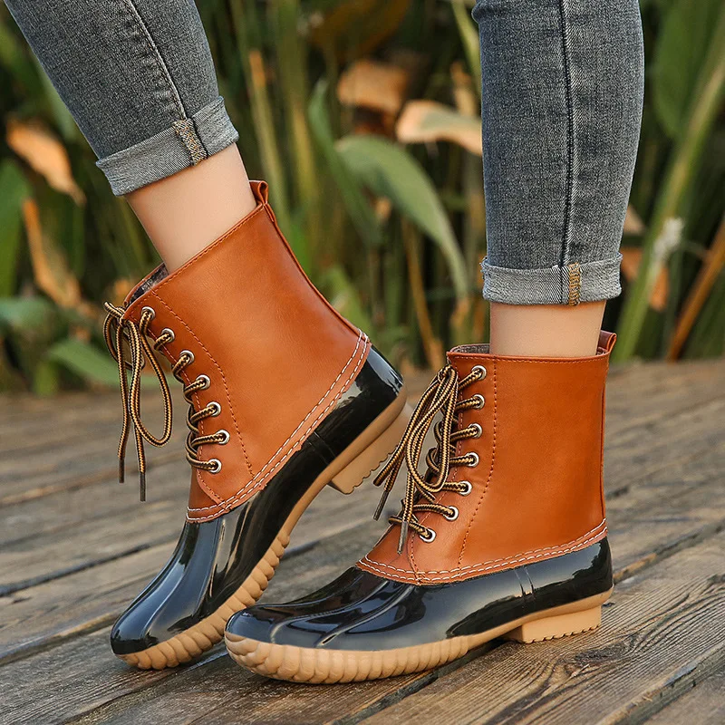 

Women's Boots Lady Duck Boot With Waterproof Zipper Rubber Sole Women Rain Boots Lace Up Ankle Shoes Fur Winter Women Shoes