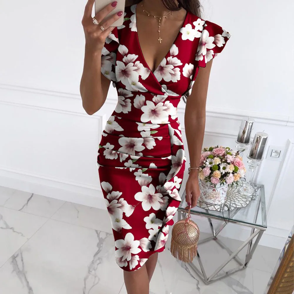 Женское облегающее платье с оборками Элегантное летнее глубоким V образным