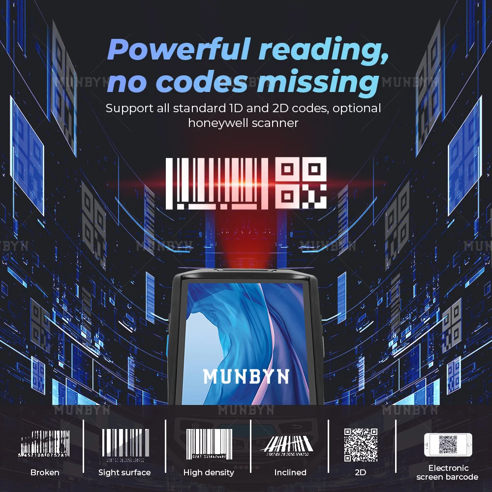 Ручной сканер штрих кода MUNBYN PDA Android 8 1 NFC pos терминал 2D QR 5 дюймов портативный код