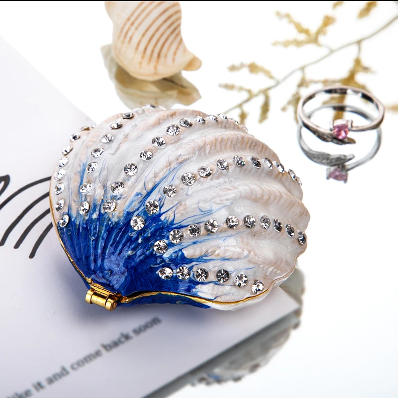 H & D-caja de baratijas de conchas marinas, cristales esmaltados pintados a mano, soporte de anillo de joyería coleccionable, decoración de boda para el hogar, regalo