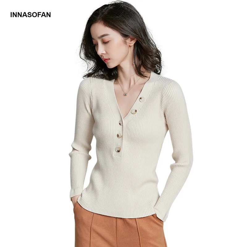 INNASOFAN sweater women Autumn Winter knitted long-sleeved Euro-American fashion elegant V-collar button | Женская одежда