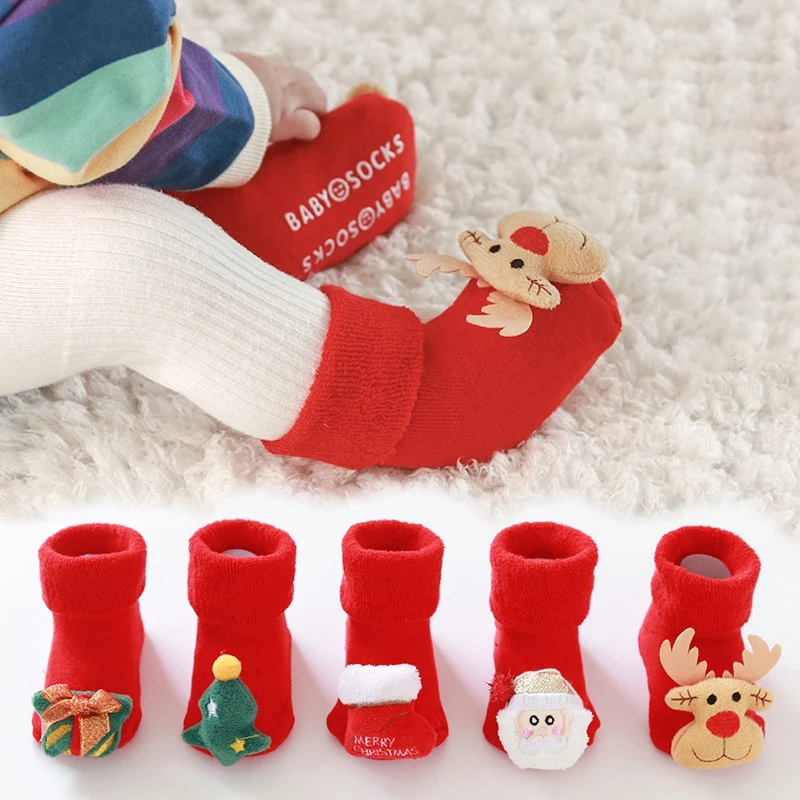 Хлопковые рождественские носки для новорожденных Нескользящие напольные