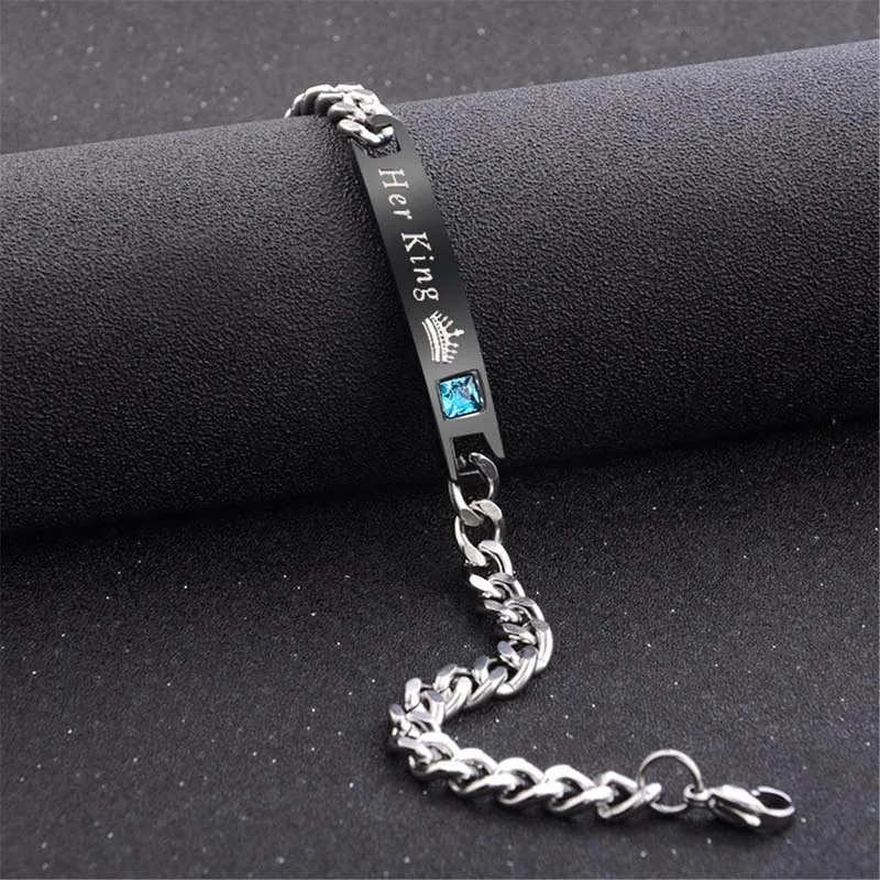1pcs black Her King 2 шт ювелирные изделия, браслет для влюбленных из нержавеющей стали, очаровательный браслет с короной, подарки для женщин и мужчин, цепочка для пар - Окраска металла: 1pcs black Her King