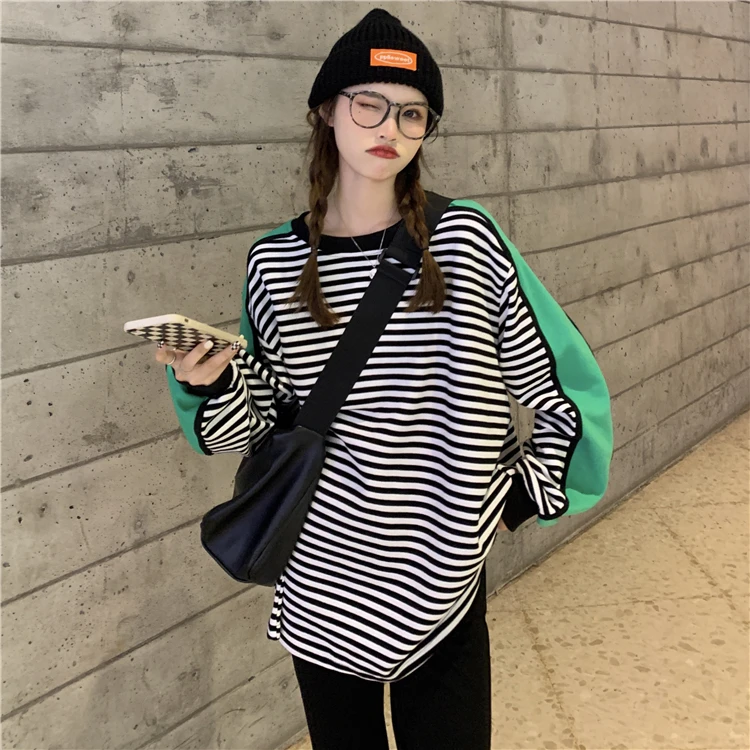 

Женская свободная толстовка в полоску, Свитшот средней длины с длинными рукавами и круглым вырезом, весна-осень