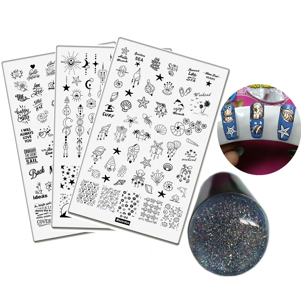 Пластины для штамповки ногтей 3 шт. морская жизнь голографическая прозрачная