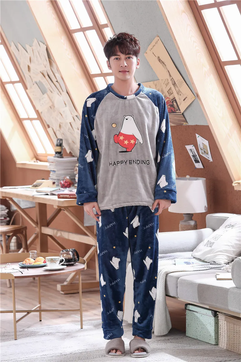 men white bear Caiyier/зимние пижамные комплекты для женщин и мужчин, толстые теплые фланелевые пижамы с длинными рукавами, костюм милая Повседневная Ночная сорочка с рисунком для пар - Цвет: men white bear